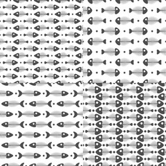 Set of seamless vector patterns with fish skeletons. Black and white vector backgrounds.