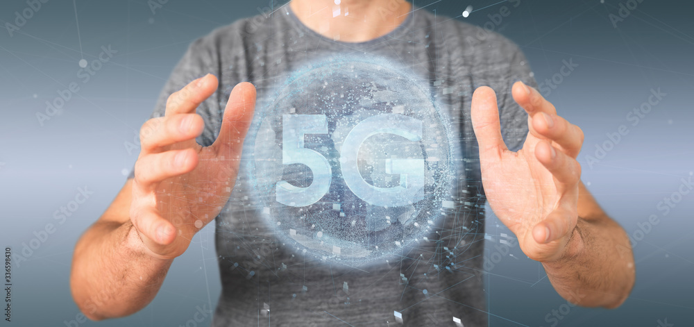 Poster businessman holding a 5g connection with data surrounding - 3d rendering