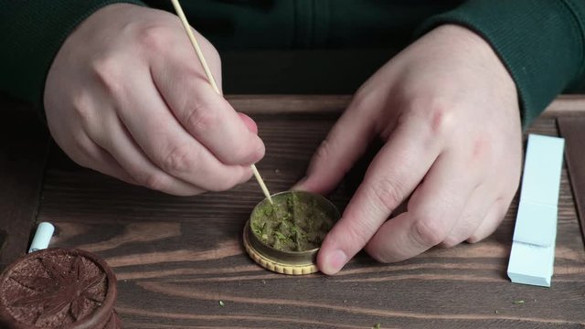 Man cleaning yellow metal marijuana grinder from pieces of grinded cannabis with wooden chopstick on wooden table.