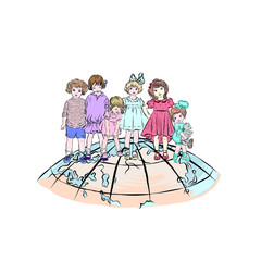 Children stand on planet earth. Young travelers. Happy childhood. Guys of different ages and gender. Boys and girls together. Environmental activists. Hand drawn vintage people.