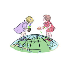 Earth Day. Children planting flowers. Young gardeners. Planet care. Hand drawn vintage kids. 