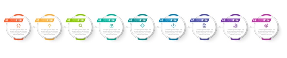 Minimal Business Infographics template. Timeline with 9 steps, options and marketing icons .Vector linear infographic with nine circle conected elements. Can be use for presentation.