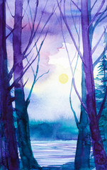 Watercolor illustration of a beautiful Russian forest on the lake