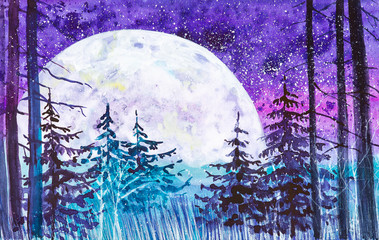 Watercolor illustration of a beautiful Russian forest against a huge moon