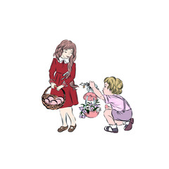 Happy Easter. Boy gives girl easter egg decorated with a bouquet of lilies and willow branches. 