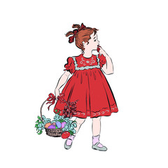 Girl holding a basket of easter eggs and flowers. Spring religious holiday. Vintage retro kid. Clip art. Hand drawn happy child in red dress. 