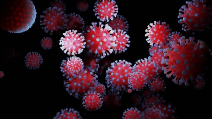 close-up coronavirus type covid-19, h1n1, bird flu or swine flu background. 3d rendering of representation of virus as microbiological microscopic background. Blue red gradient colors