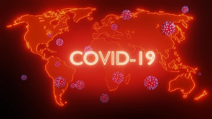 map of earth is highlighted in glow red, particles of coronavirus fly over it. Concept of the coronavirus pandemic covid-19, global problem for all of humanity, earth quarantine. 3d rendering