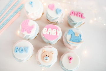 Is it a boy or a girl concept. Twins baby shower decorations. Baby shower cupcake for a boy and a girl. Blue and pink cupcake with mastic.