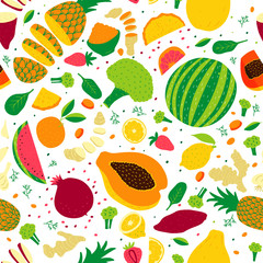 Vector seamless pattern of fruits and vegetables