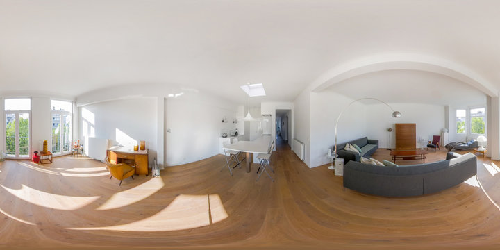 Equirectangular seamless panorama of a minimal stylish bright house with wooden floor, big sofas, retro lamps, big windows and white clean kitchen. Spacious vintage Scandinavian stylish interior.