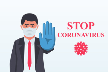 Stop coronavirus concept. A man in a medical mask suit on face and protective gloves stops the virus with a gesture. Landing page the fight a dangerous epidemic. Vector illustration flat design