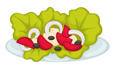 Seafood salad with squid slices, leaves and olives