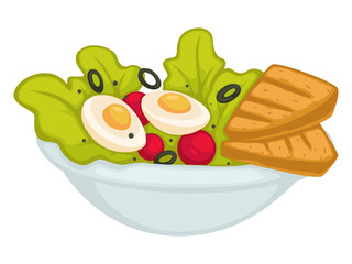 Bowl with salad and olive, eggs and toast