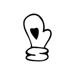 Hand drawn mitten is decorated with a heart isolated on a white background. Doodle, simple outline illustration. It can be used for decoration of textile, paper.