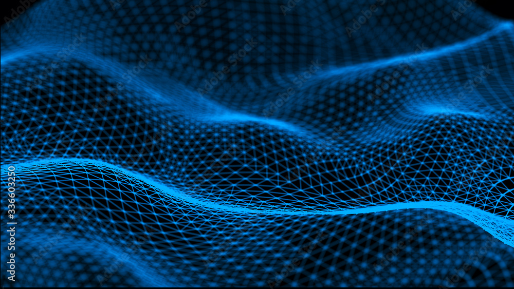 Poster futuristic wave with points and lines. big data. dynamic wave background. 3d rendering