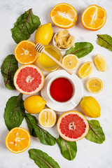 Healthy products for Immunity boosting or diet food top view. Vegetables and fruits to boost immune system. Top view.