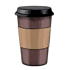 Empty layout for the design. Brown paper cup with a black plastic cover. Takeaway coffee Cup. Front view. Vector color vintage hand drawn illustration.