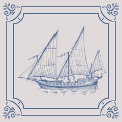 Old caravel. Ship on the Blue Dutch tile. Imitation. Frigate, vintage sailboat, Sailing vessel , glazed porcelain ceramic.