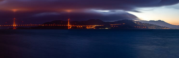 Amazing night Panorama of Golden bridge in San Francisco Bay, California, USA