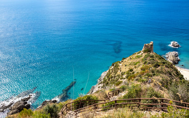 the path of lovers. (telegraph tip) Punta del Telegrafo on the Tyrrhenian coast of Ascea Marina. Cilento, Salerno, Campania, Italy