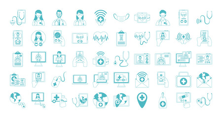 online doctor, physician technology consultant medical icons set, line style icon