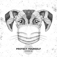 Hand drawing Animal dog wearing face medical mask. Covid-19 protection methods. Coronavirus Quarantine Warning. Vector illustration