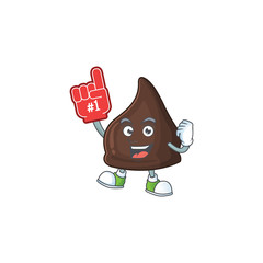 Cartoon character concept of chocolate conitos holding red foam finger