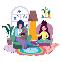 stay at home, couple in living room with guitar playing music cartoon
