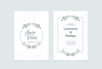 Minimalist wedding invitation card template design, floral black line art ink drawing with square frame on light grey