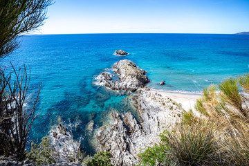 (telegraph tip) Punta del Telegrafo on the Tyrrhenian coast of Ascea Marina with the Mediterranean...