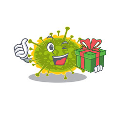Smiling insthoviricetes cartoon character having a green gift box