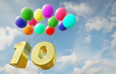 Golden number ten flies high in the sky in balloons. Happy birthday and anniversary