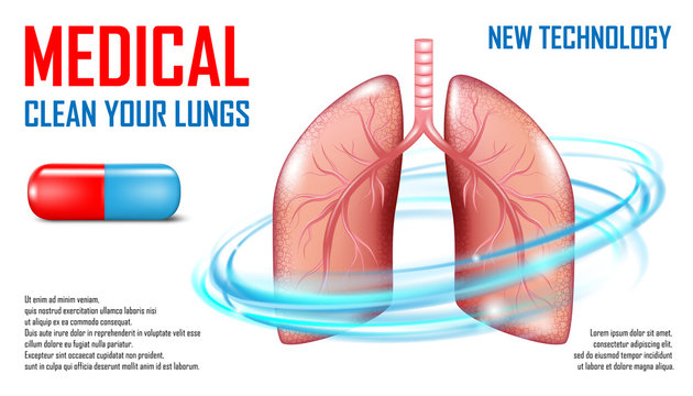 Lungs diagnosis banner. Medical care Concept. Respiratory system disease. Pills or capsule for pulmonary fibrosis, tuberculosis, pneumonia treatment. Vector