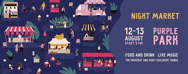 Colorful horizontal banner for night market with a place for text. Advertisment for nighttime fair. Crowd of people at urban festival or street marketplace. Vector illustration in flat cartoon style