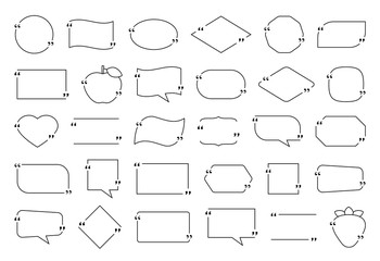 Quote box frame. Vector. Template text quotations. Speech bubbles in simple design. Set of info notes and messages in textboxes on white background. Illustration in minimal line style.