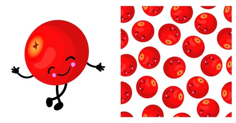 CRANBERRY character. Cute funny yellow berry. Berry seamless vector pattern. Bright colors..