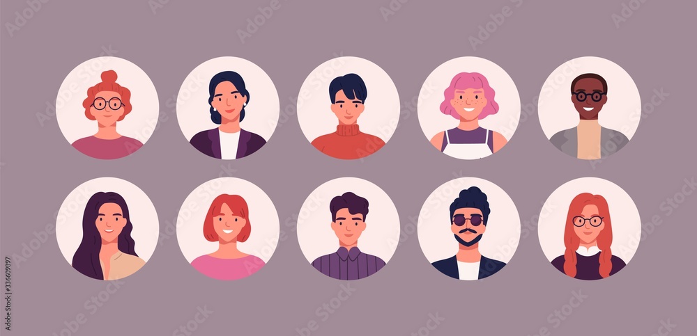 Wall mural bundle of different people avatars. set of colorful user portraits. male and female characters faces - Wall murals