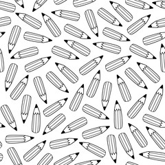 Seamless pencil pattern in vector. Black and white hand drawn illustration with stationery. Doodle endless background. School, office and creativity concept. EPS 8