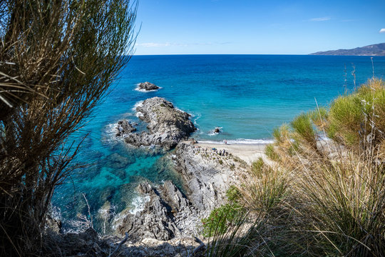 (telegraph tip) Punta del Telegrafo on the Tyrrhenian coast of Ascea Marina with the Mediterranean scrub. Cilento, Salerno, Campania, Italy