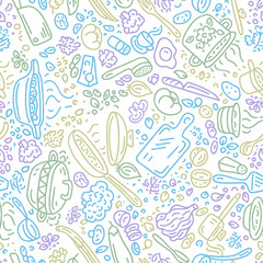 Food vector background. Cooking seamless vector pattern. Vegetables, pots, spoons, spices.