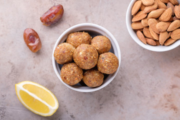 Homemade lemon energy balls. Healthy vegan and vegetarian food. Top view