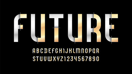 Future metallic font, bright modern alphabet, trendy letters and numbers made of silver and golden parts, vector illustration 10EPS