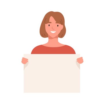 Young woman demonstrating empty placard isolated on white background. Smiling girl holding a blank banner with a place for text. Vector illustration in flat cartoon style