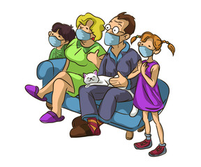 The family and the cat in the white medical mask to prevent the virus stay at home, the whole family isolates themselves on the couch, adult and elderly children stay at home in quarantine