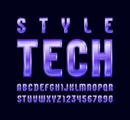 High steel font of purple style, trendy glossy alphabet, bright Latin letters from A to Z and Arab numbers from 0 to 9 for you designs, vector illustration 10EPS