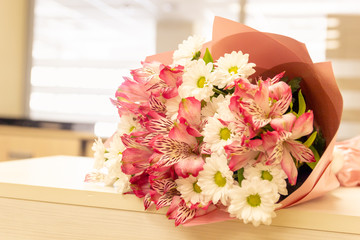 Blooming beautiful pink white flowers isolated close up. Romantic and celebration concept. Background horizontal format