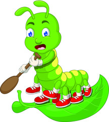 Green Caterpillar Paddling On Green Leaf Cartoon