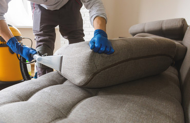 Man cleaning sofa chemical cleaning with professionally extraction method. Upholstered furniture....