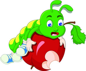 Cool Green Caterpillar on Red Bitten Apple Cartoon